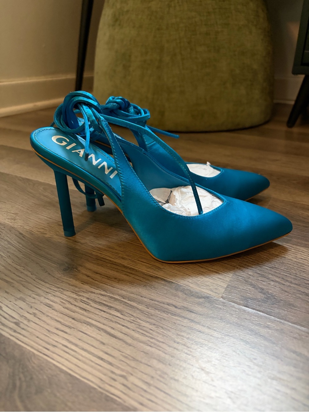 Gianni Bini Teal Satin Pointed-Toe Lace-Up Stiletto Heels